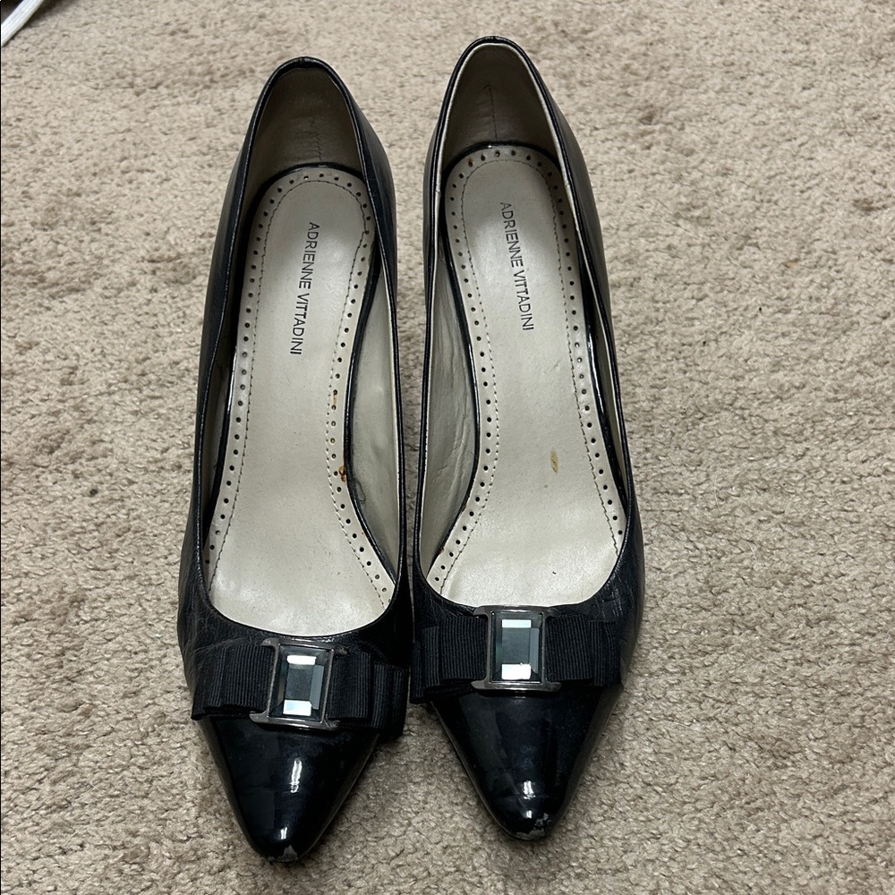 Adrienne Vittadini Black Patent and Leather Heels with Bow Accent